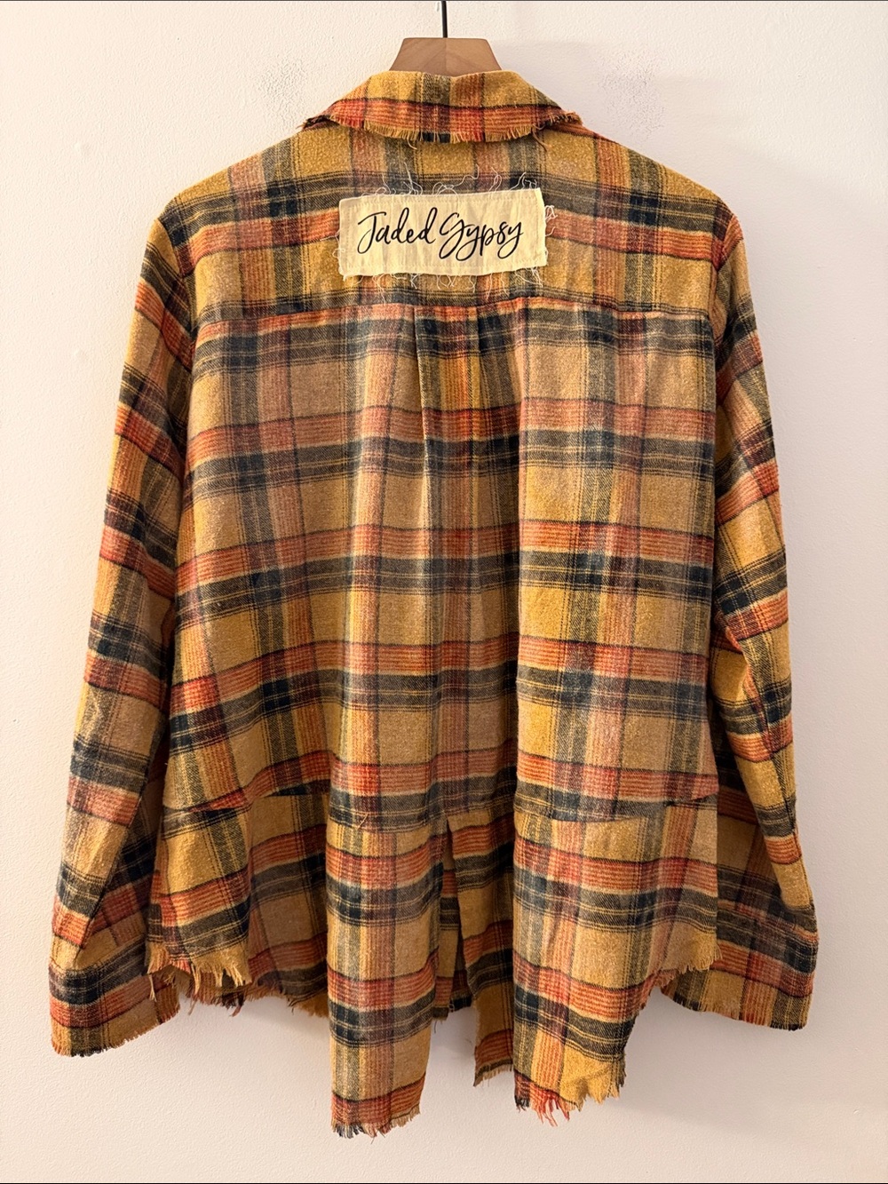 Jaded Gypsy Crisp Morning Air Flannel shirt yellow plaid raw fringe hem S/M - Picture 2 of 6